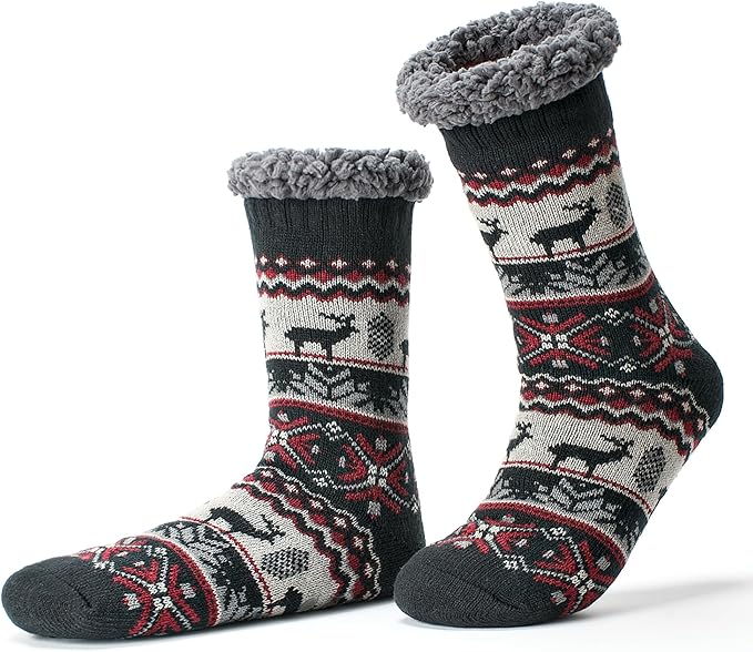 Men's Fuzzy Slipper Socks - Non-Slip Grips, Thermal Winter Socks, Plush Sherpa Lined, Gifts & Stocking Stuffers