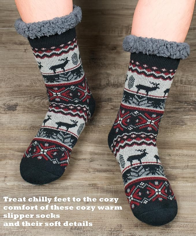 Men's Fuzzy Slipper Socks - Non-Slip Grips, Thermal Winter Socks, Plush Sherpa Lined, Gifts & Stocking Stuffers